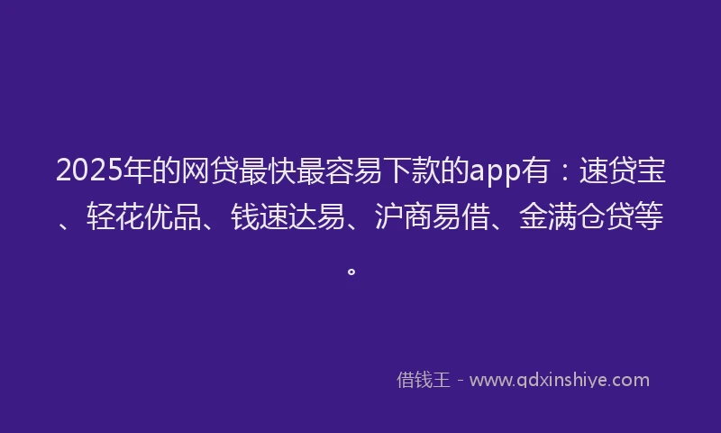 2025年的网贷最快最容易下款的app有：速贷宝、轻花优品、钱速达易、沪商易借、金满仓贷等。