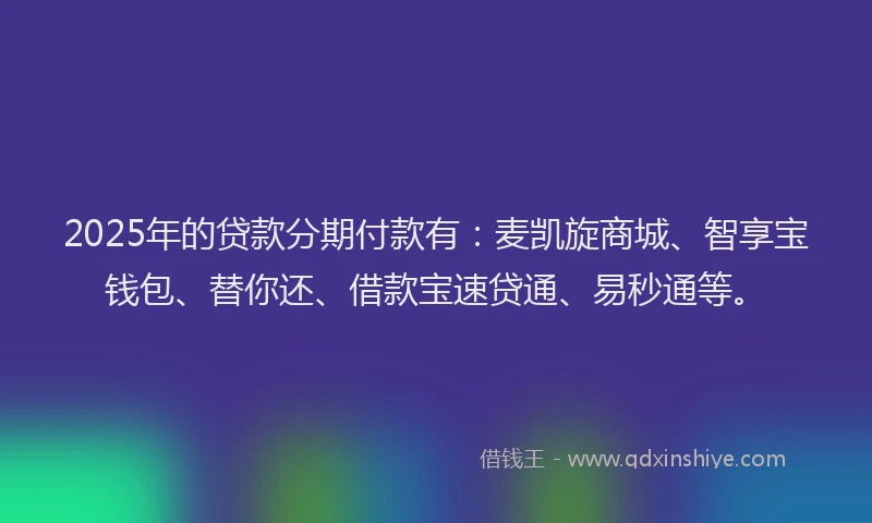 2025年的贷款分期付款有：麦凯旋商城、智享宝钱包、替你还、借款宝速贷通、易秒通等。