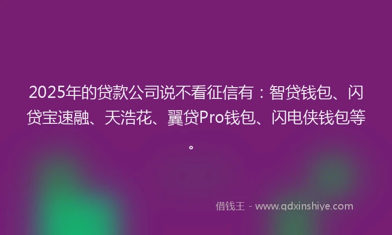 2025年的贷款公司说不看征信有：智贷钱包、闪贷宝速融、天浩花、翼贷Pro钱包、闪电侠钱包等。