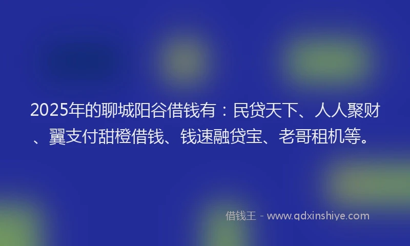 2025年的聊城阳谷借钱有：民贷天下、人人聚财、翼支付甜橙借钱、钱速融贷宝、老哥租机等。