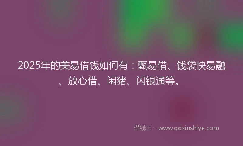 2025年的美易借钱如何有：甄易借、钱袋快易融、放心借、闲猪、闪银通等。