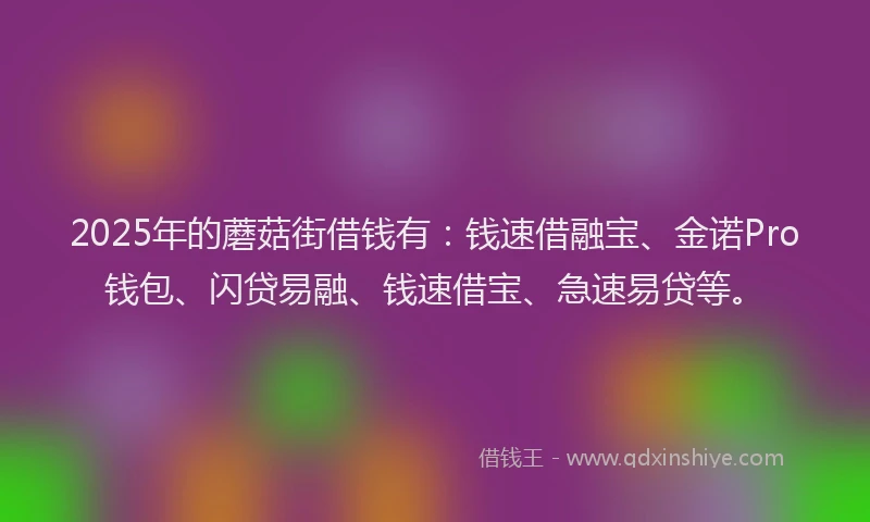 2025年的蘑菇街借钱有：钱速借融宝、金诺Pro钱包、闪贷易融、钱速借宝、急速易贷等。