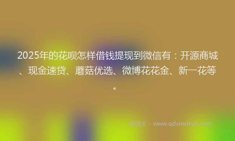 2025年的花呗怎样借钱提现到微信有：开源商城、现金速贷、蘑菇优选、微博花花金、新一花等。