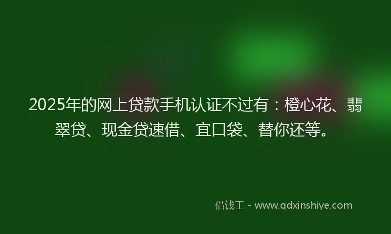 2025年的网上贷款手机认证不过有：橙心花、翡翠贷、现金贷速借、宜口袋、替你还等。