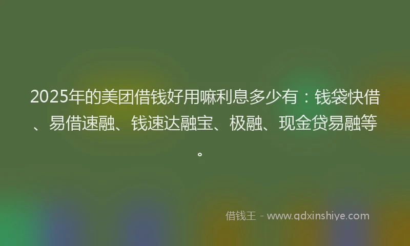 2025年的美团借钱好用嘛利息多少有：钱袋快借、易借速融、钱速达融宝、极融、现金贷易融等。