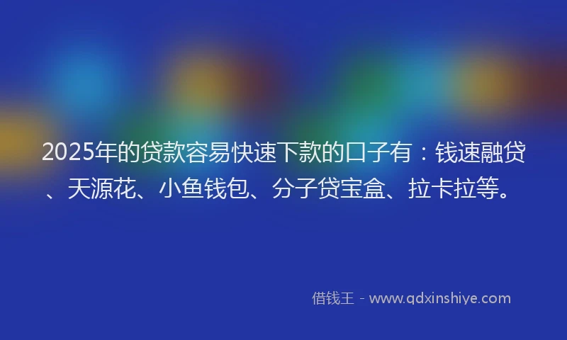 2025年的贷款容易快速下款的口子有：钱速融贷、天源花、小鱼钱包、分子贷宝盒、拉卡拉等。