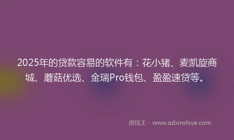 2025年的贷款容易的软件有：花小猪、麦凯旋商城、蘑菇优选、金瑞Pro钱包、盈盈速贷等。