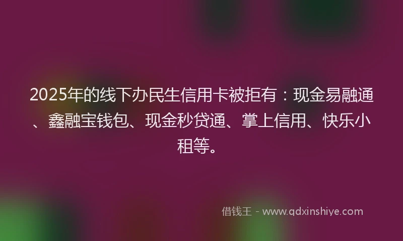 2025年的线下办民生信用卡被拒有：现金易融通、鑫融宝钱包、现金秒贷通、掌上信用、快乐小租等。
