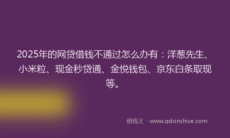 2025年的网贷借钱不通过怎么办有：洋葱先生、小米粒、现金秒贷通、金悦钱包、京东白条取现等。
