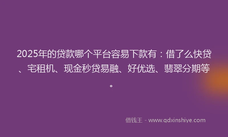 2025年的贷款哪个平台容易下款有：借了么快贷、宅租机、现金秒贷易融、好优选、翡翠分期等。
