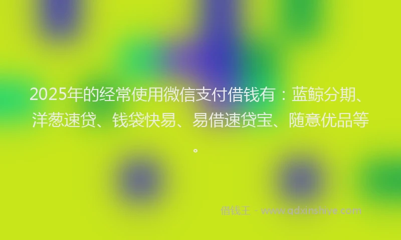 2025年的经常使用微信支付借钱有：蓝鲸分期、洋葱速贷、钱袋快易、易借速贷宝、随意优品等。