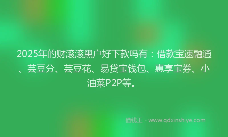 2025年的财滚滚黑户好下款吗有：借款宝速融通、芸豆分、芸豆花、易贷宝钱包、惠享宝券、小油菜P2P等。
