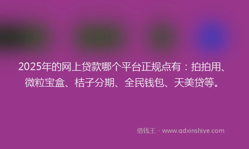 2025年的网上贷款哪个平台正规点有：拍拍用、微粒宝盒、桔子分期、全民钱包、天美贷等。