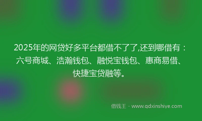 2025年的网贷好多平台都借不了了,还到哪借有:六号商城、浩瀚钱包、融悦宝钱包、惠商易借、快捷宝贷融等。