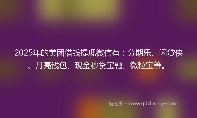 2025年的美团借钱提现微信有：分期乐、闪贷侠、月亮钱包、现金秒贷宝融、微粒宝等。