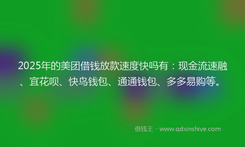 2025年的美团借钱放款速度快吗有：现金流速融、宜花呗、快鸟钱包、通通钱包、多多易购等。