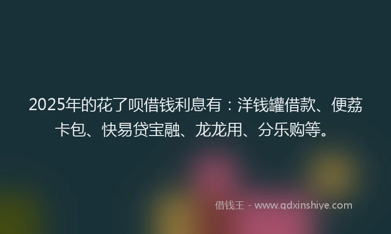 2025年的花了呗借钱利息有：洋钱罐借款、便荔卡包、快易贷宝融、龙龙用、分乐购等。