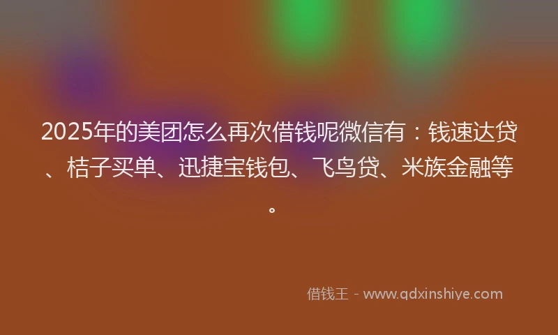 2025年的美团怎么再次借钱呢微信有：钱速达贷、桔子买单、迅捷宝钱包、飞鸟贷、米族金融等。