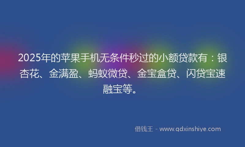 2025年的苹果手机无条件秒过的小额贷款有：银杏花、金满盈、蚂蚁微贷、金宝盒贷、闪贷宝速融宝等。