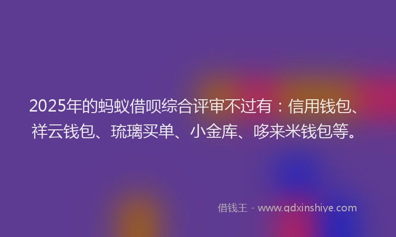 2025年的蚂蚁借呗综合评审不过有：信用钱包、祥云钱包、琉璃买单、小金库、哆来米钱包等。