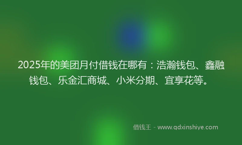 2025年的美团月付借钱在哪有：浩瀚钱包、鑫融钱包、乐金汇商城、小米分期、宜享花等。