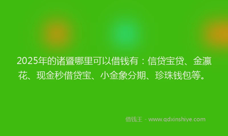 2025年的诸暨哪里可以借钱有：信贷宝贷、金瀛花、现金秒借贷宝、小金象分期、珍珠钱包等。