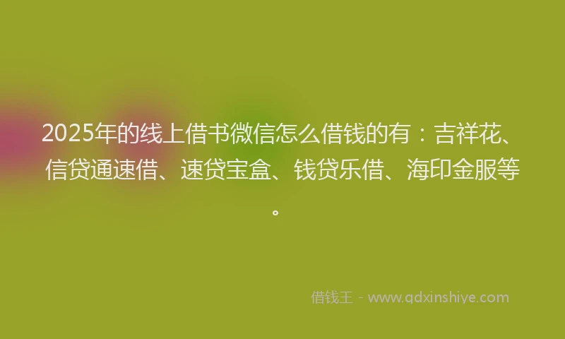 2025年的线上借书微信怎么借钱的有：吉祥花、信贷通速借、速贷宝盒、钱贷乐借、海印金服等。