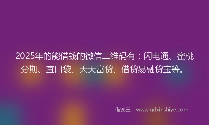 2025年的能借钱的微信二维码有：闪电通、蜜桃分期、宜口袋、天天富贷、借贷易融贷宝等。