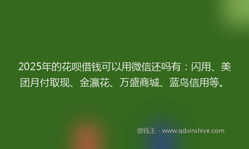 2025年的花呗借钱可以用微信还吗有：闪用、美团月付取现、金瀛花、万盛商城、蓝鸟信用等。