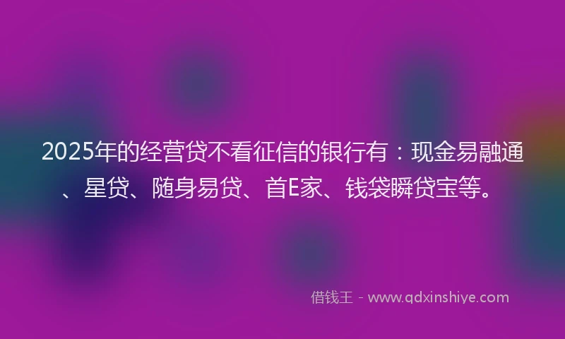2025年的经营贷不看征信的银行有：现金易融通、星贷、随身易贷、首E家、钱袋瞬贷宝等。