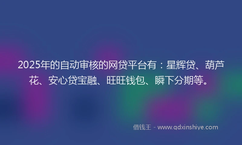 2025年的自动审核的网贷平台有：星辉贷、葫芦花、安心贷宝融、旺旺钱包、瞬下分期等。