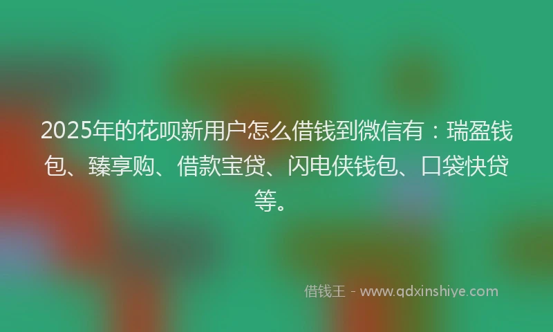 2025年的花呗新用户怎么借钱到微信有：瑞盈钱包、臻享购、借款宝贷、闪电侠钱包、口袋快贷等。