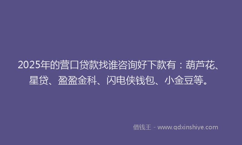 2025年的营口贷款找谁咨询好下款有：葫芦花、星贷、盈盈金科、闪电侠钱包、小金豆等。