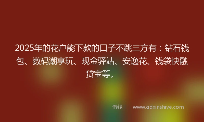 2025年的花户能下款的口子不跳三方有：钻石钱包、数码潮享玩、现金驿站、安逸花、钱袋快融贷宝等。