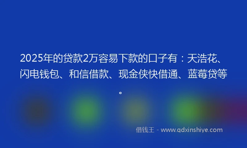 2025年的贷款2万容易下款的口子有：天浩花、闪电钱包、和信借款、现金侠快借通、蓝莓贷等。