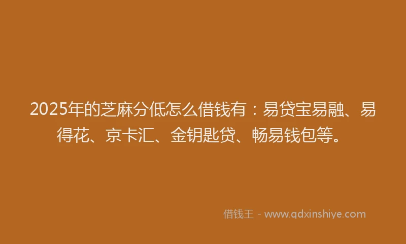 2025年的芝麻分低怎么借钱有：易贷宝易融、易得花、京卡汇、金钥匙贷、畅易钱包等。