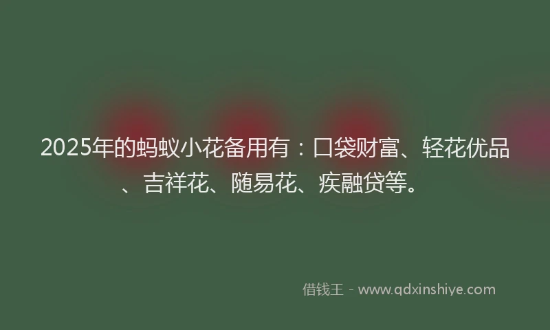 2025年的蚂蚁小花备用有：口袋财富、轻花优品、吉祥花、随易花、疾融贷等。