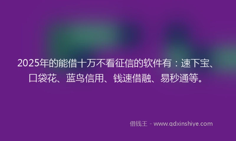 2025年的能借十万不看征信的软件有：速下宝、口袋花、蓝鸟信用、钱速借融、易秒通等。