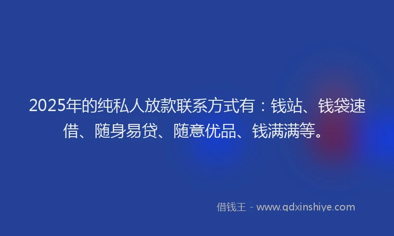 2025年的纯私人放款联系方式有：钱站、钱袋速借、随身易贷、随意优品、钱满满等。