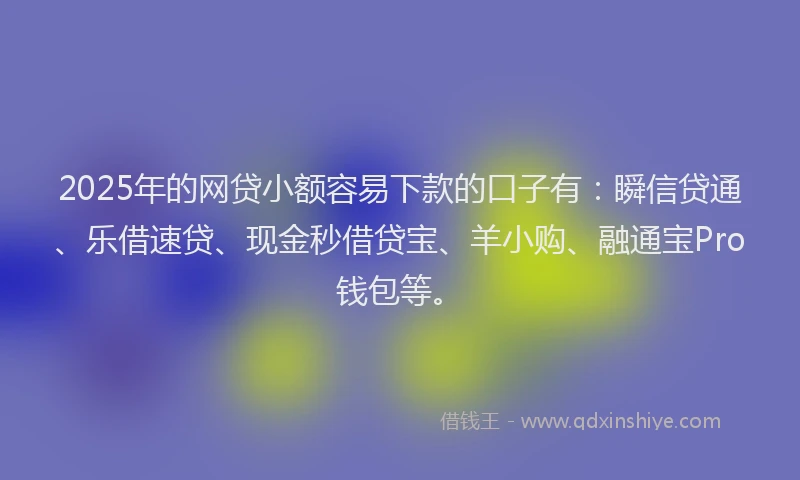 2025年的网贷小额容易下款的口子有：瞬信贷通、乐借速贷、现金秒借贷宝、羊小购、融通宝Pro钱包等。