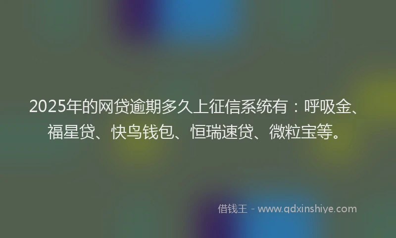 2025年的网贷逾期多久上征信系统有：呼吸金、福星贷、快鸟钱包、恒瑞速贷、微粒宝等。