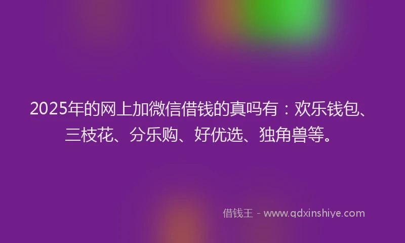 2025年的网上加微信借钱的真吗有：欢乐钱包、三枝花、分乐购、好优选、独角兽等。