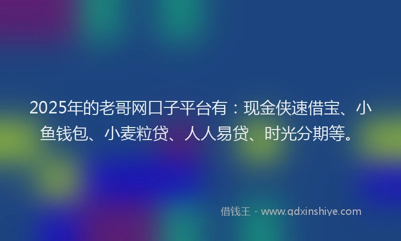 2025年的老哥网口子平台有：现金侠速借宝、小鱼钱包、小麦粒贷、人人易贷、时光分期等。