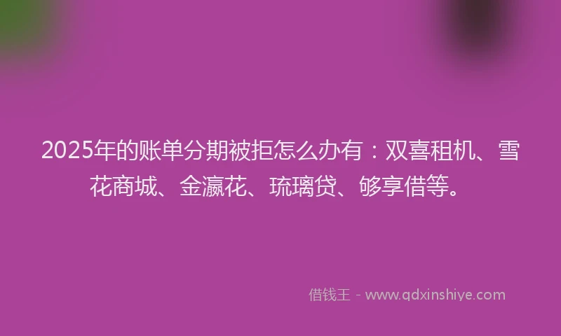 2025年的账单分期被拒怎么办有：双喜租机、雪花商城、金瀛花、琉璃贷、够享借等。