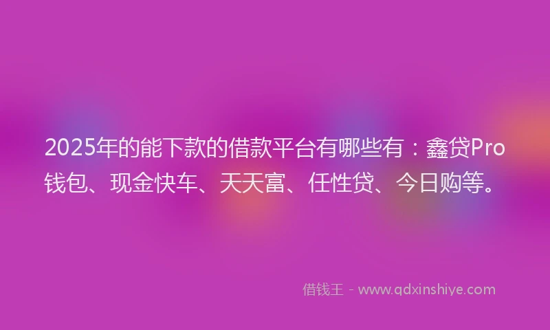 2025年的能下款的借款平台有哪些有：鑫贷Pro钱包、现金快车、天天富、任性贷、今日购等。