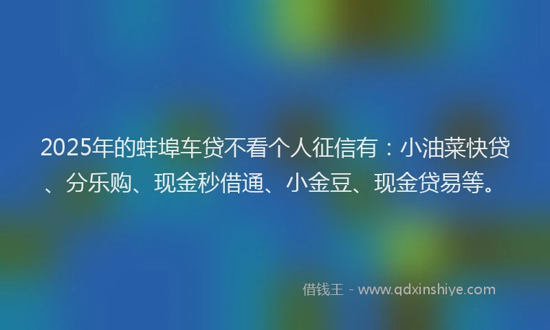 2025年的蚌埠车贷不看个人征信有：小油菜快贷、分乐购、现金秒借通、小金豆、现金贷易等。