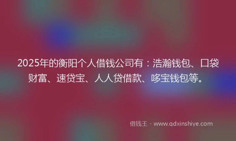 2025年的衡阳个人借钱公司有:浩瀚钱包、口袋财富、速贷宝、人人贷借款、哆宝钱包等。