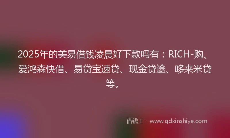 2025年的美易借钱凌晨好下款吗有：RICH-购、爱鸿森快借、易贷宝速贷、现金贷途、哆来米贷等。