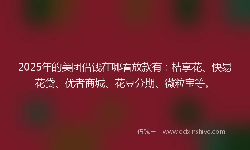 2025年的美团借钱在哪看放款有：桔享花、快易花贷、优者商城、花豆分期、微粒宝等。