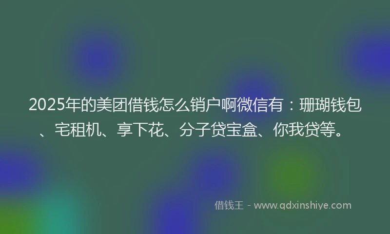 2025年的美团借钱怎么销户啊微信有：珊瑚钱包、宅租机、享下花、分子贷宝盒、你我贷等。